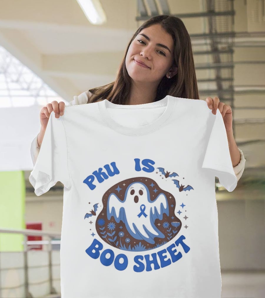 PKU Is Boo Sheet Blue Ribbon Ghost And Bat Halloween T-Shirt