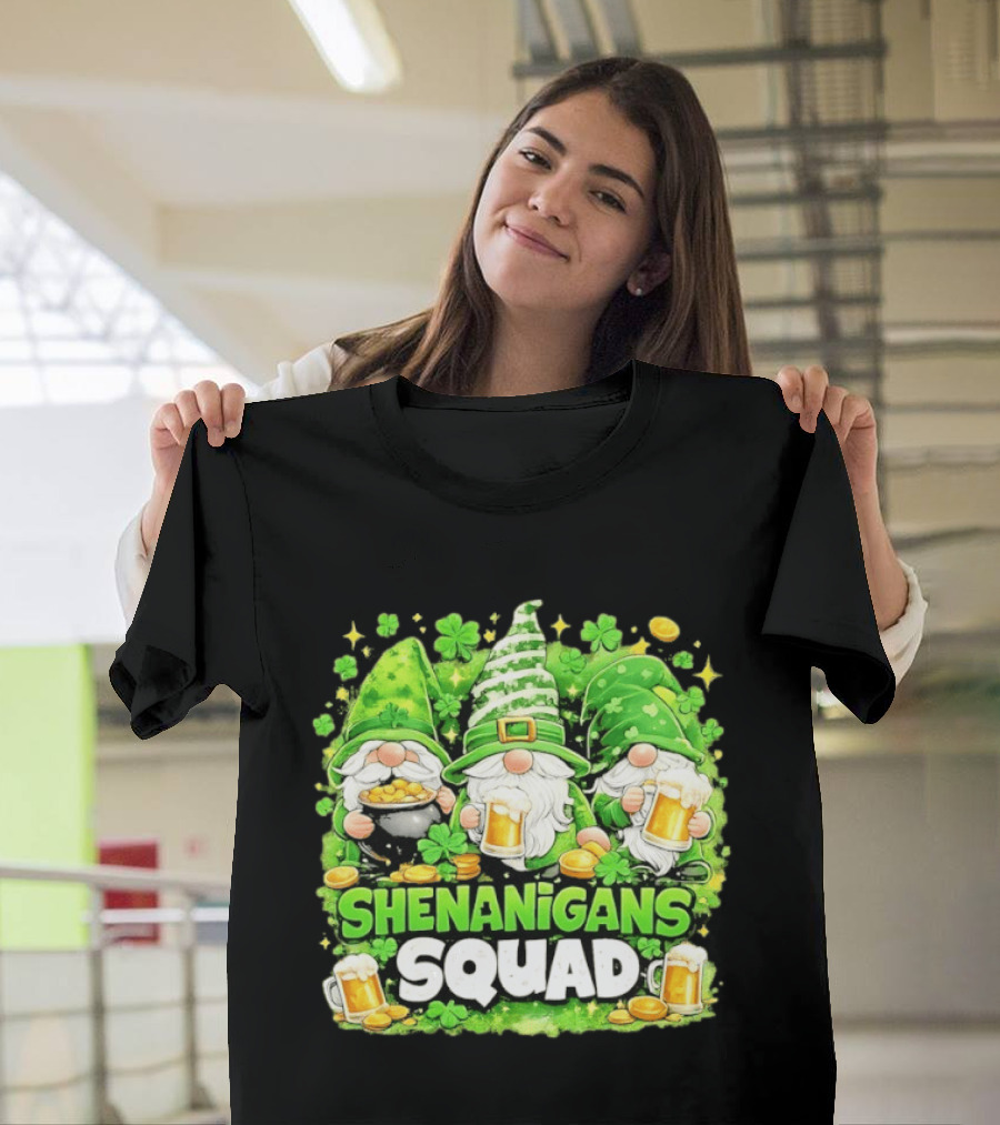 Shenanigans Squad St Patrick's Day Irish Gnomes Beer S And Clover Coins T-Shirt