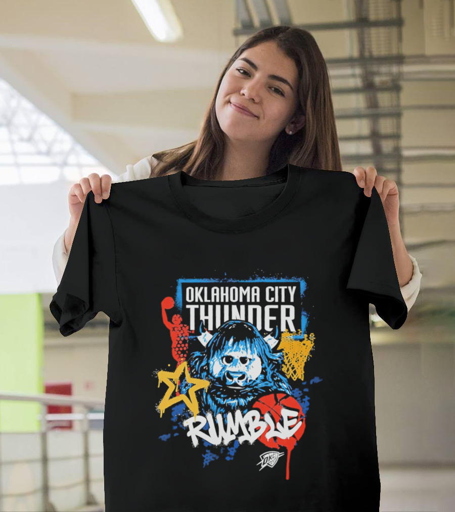 Oklahoma City Thunder Rumble Mascot Art With Stars And Paint Splatters T-Shirt
