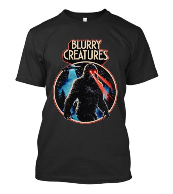Blurry Creatures Bigfoot Laser Eyes UFO Forest T-Shirt