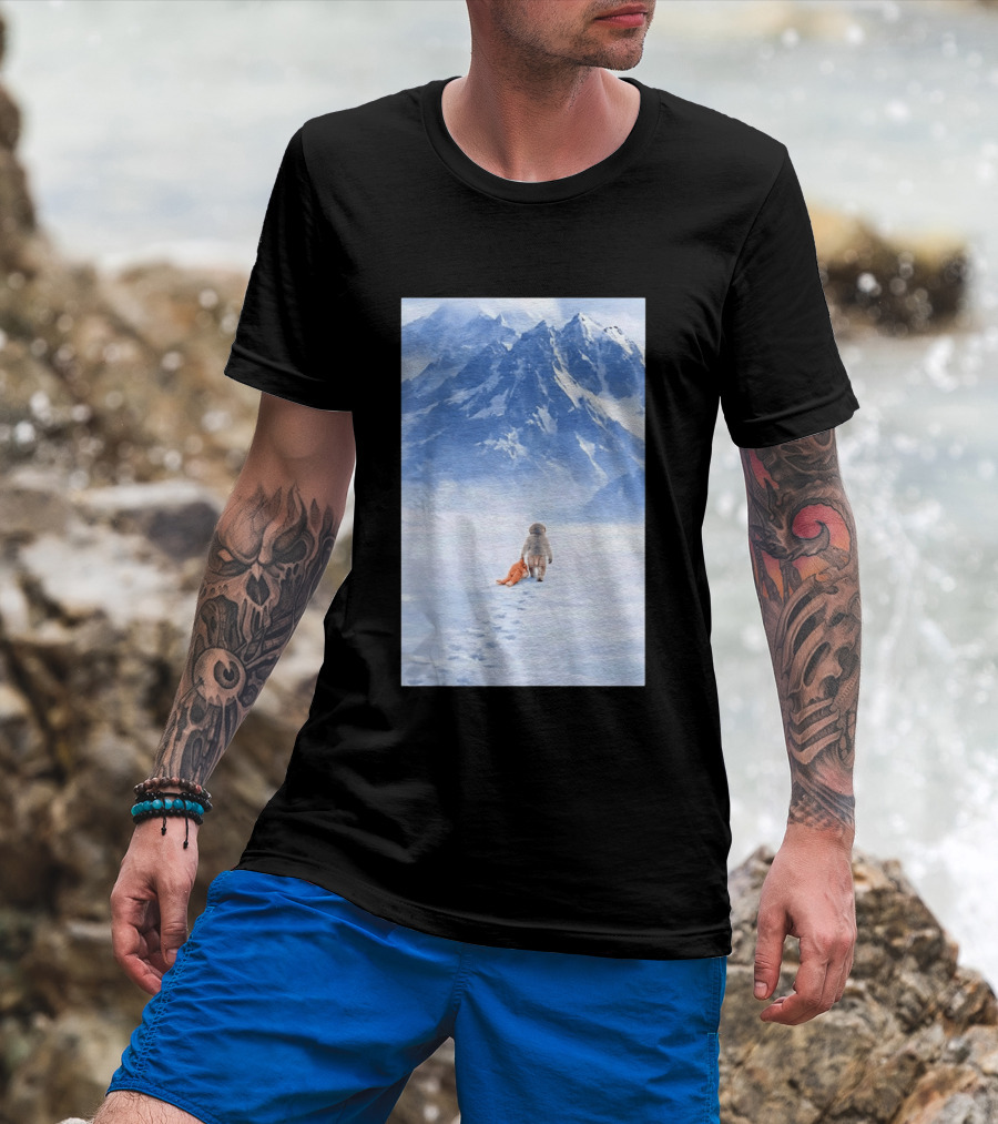 Monkey Holding Stuffed Monkey Alone Walking In Snowy Mountains T-Shirt