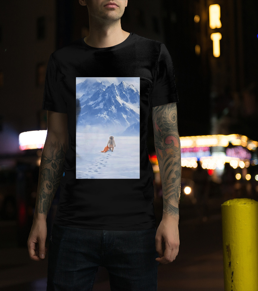 Monkey Holding Stuffed Monkey Alone Walking In Snowy Mountains T-Shirt