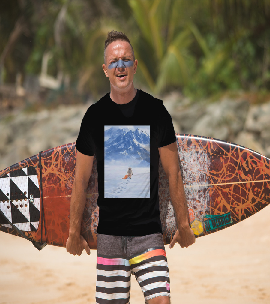 Monkey Holding Stuffed Monkey Alone Walking In Snowy Mountains T-Shirt