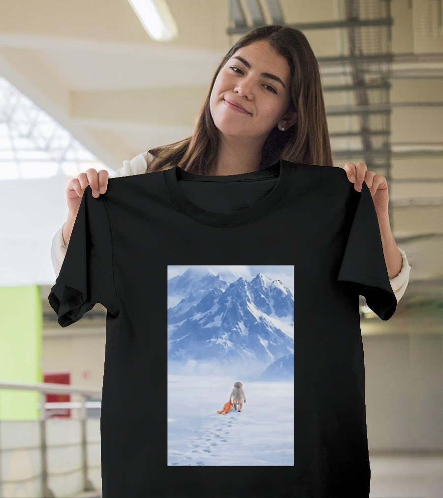 Monkey Holding Stuffed Monkey Alone Walking In Snowy Mountains T-Shirt