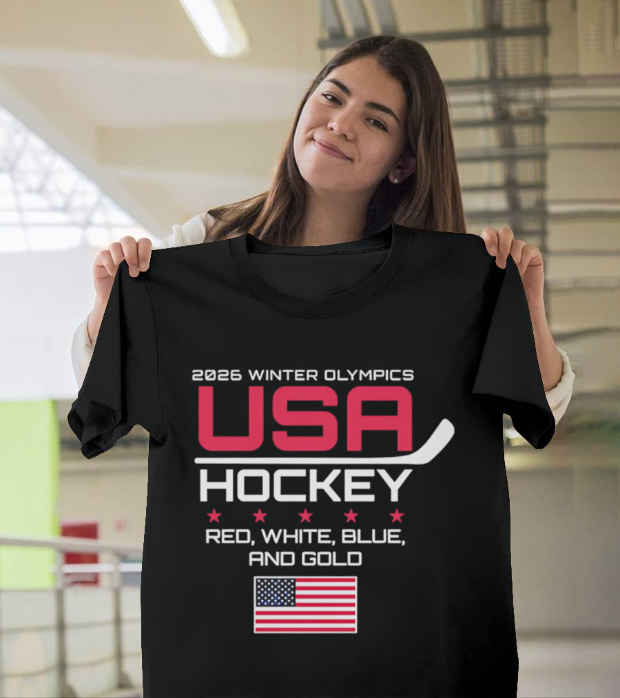 2026 Winter Olympics USA Hockey Red White Blue And Gold American Flag T-Shirt