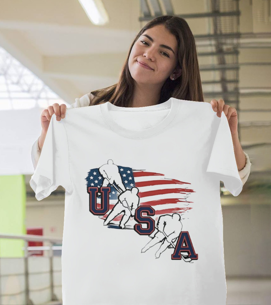 USA Olympic Gold Medal Hockey American Flag Hockey Players T-Shirt