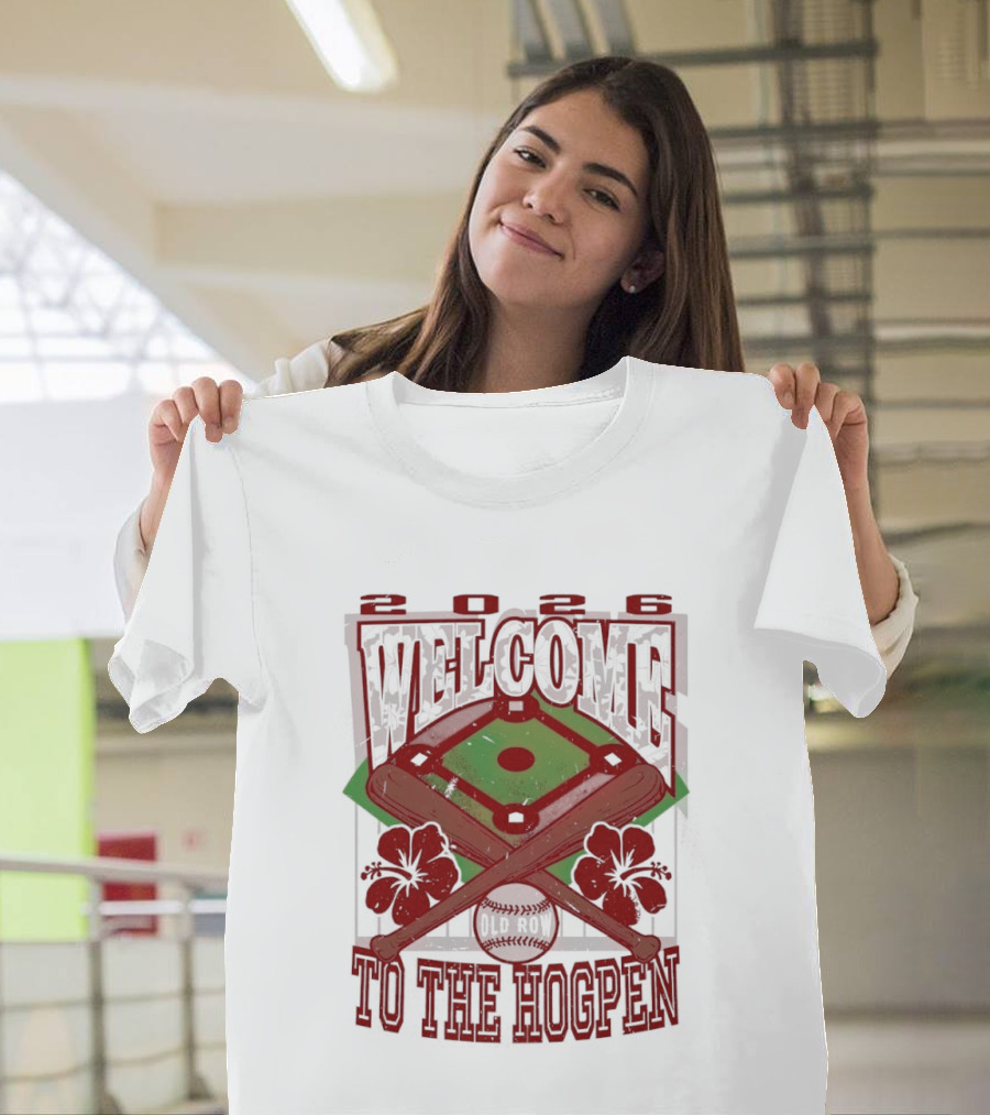 Arkansas Razorback Welcome To The Hogpen Baseball Field Floral Crossed Bats T-Shirt