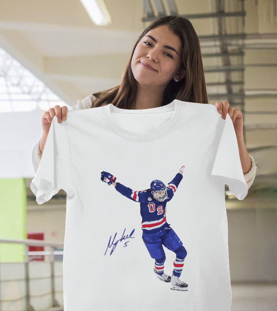 USA Team Hockey Megan Keller Blue Uniform Celebration T-Shirt