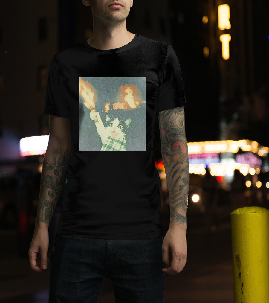 Rebellious Cat Riot Scene With Flaming T-Shirt