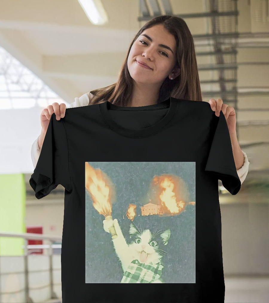Rebellious Cat Riot Scene With Flaming T-Shirt