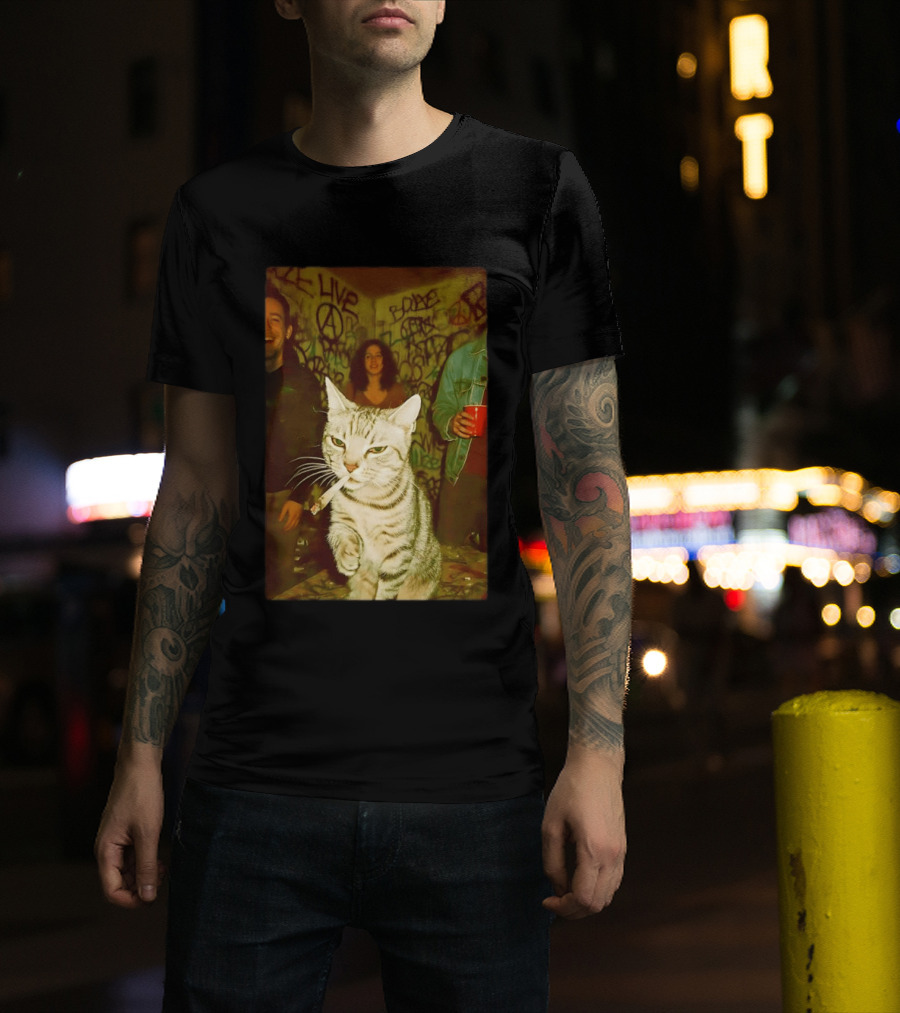 Smoking Tabby Cat Live Punk Party Scene T-Shirt