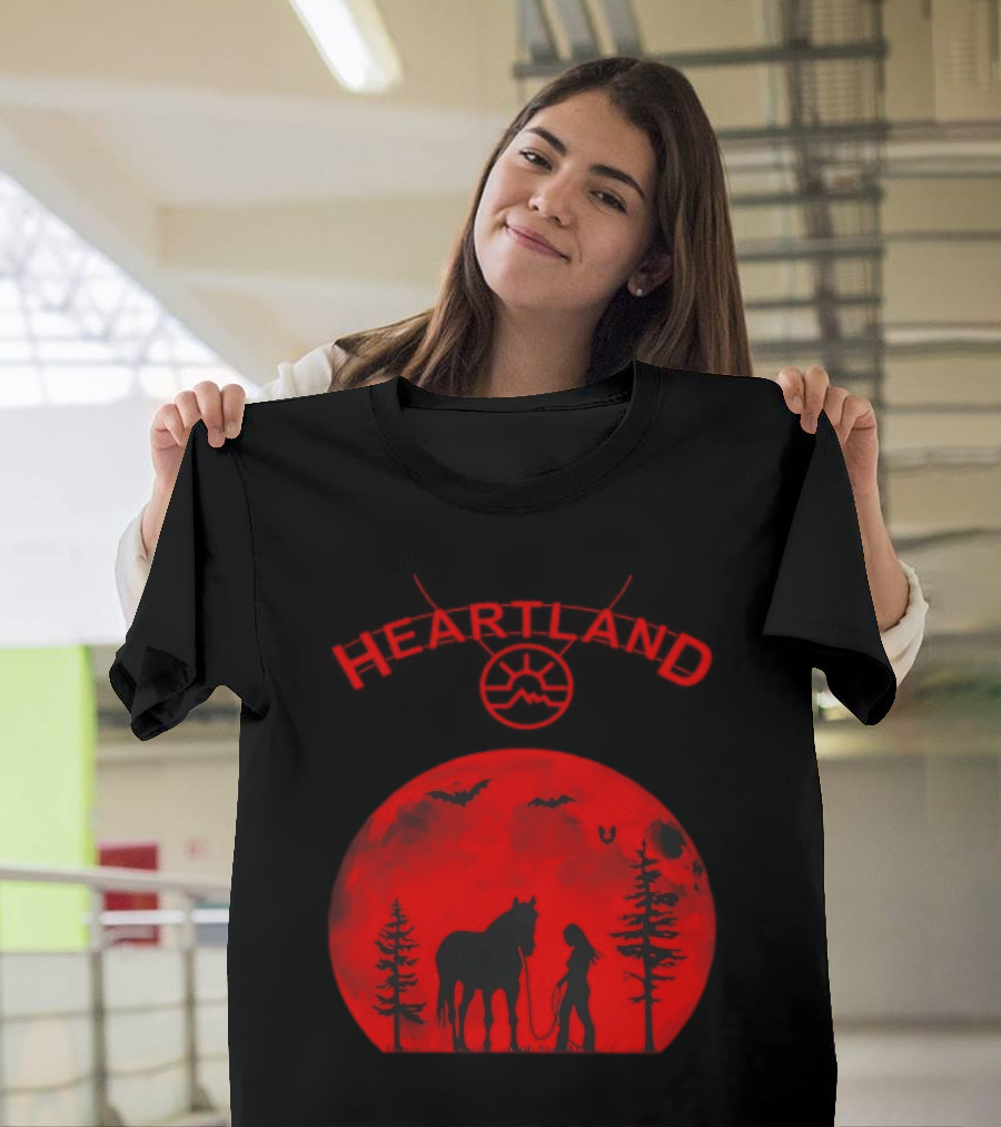 Heartland Ranch Red Moon Horse And Human Silhouette With Trees And Bats T-Shirt