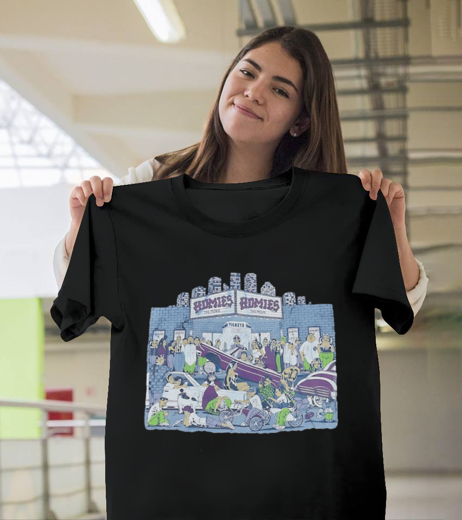 Homies The Movie Tickets Crowd Scene Skyscrapers Lowriders Bicycles T-Shirt
