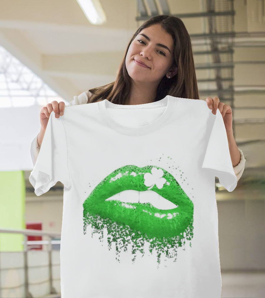 St Patrick's Day Green Lips Shamrock Shape T-Shirt