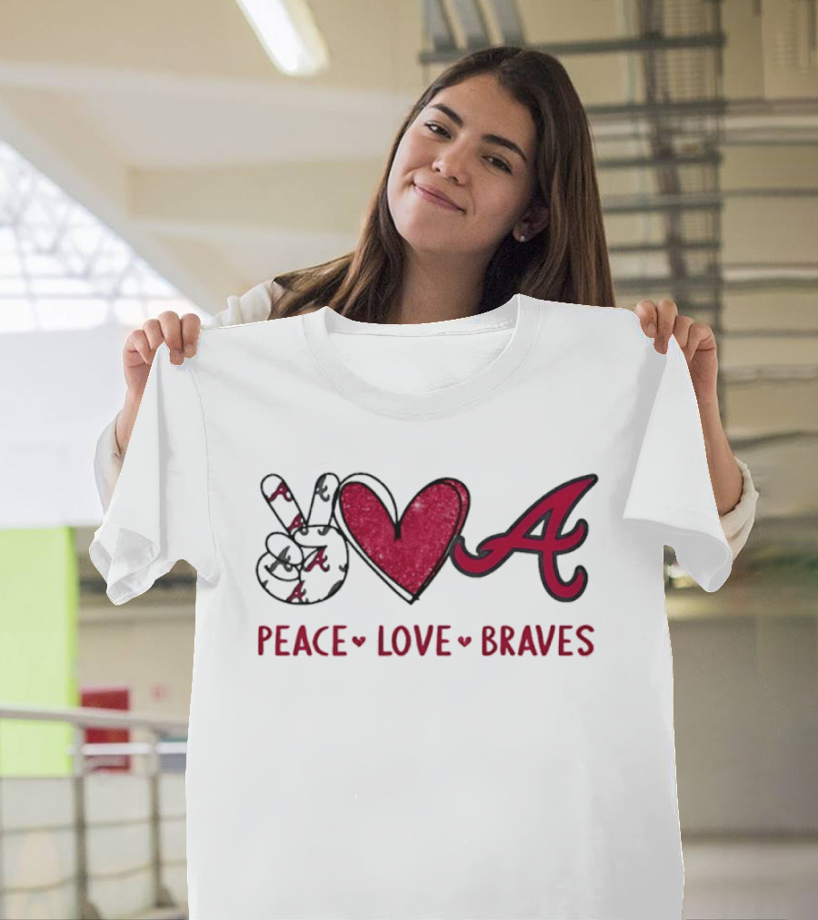 Atlanta Braves Peace Love Hand Sign Heart Shape T-Shirt