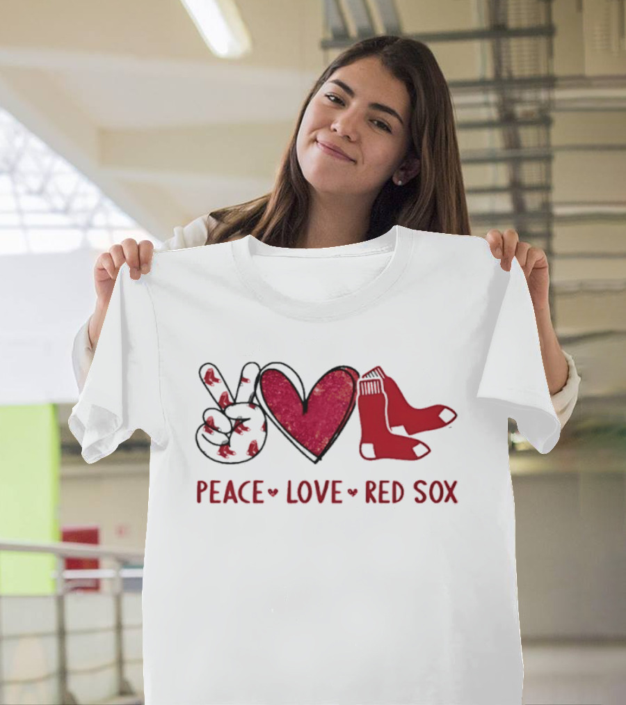 Peace Love Red Sox Hand Sign Heart Shape Socks T-Shirt