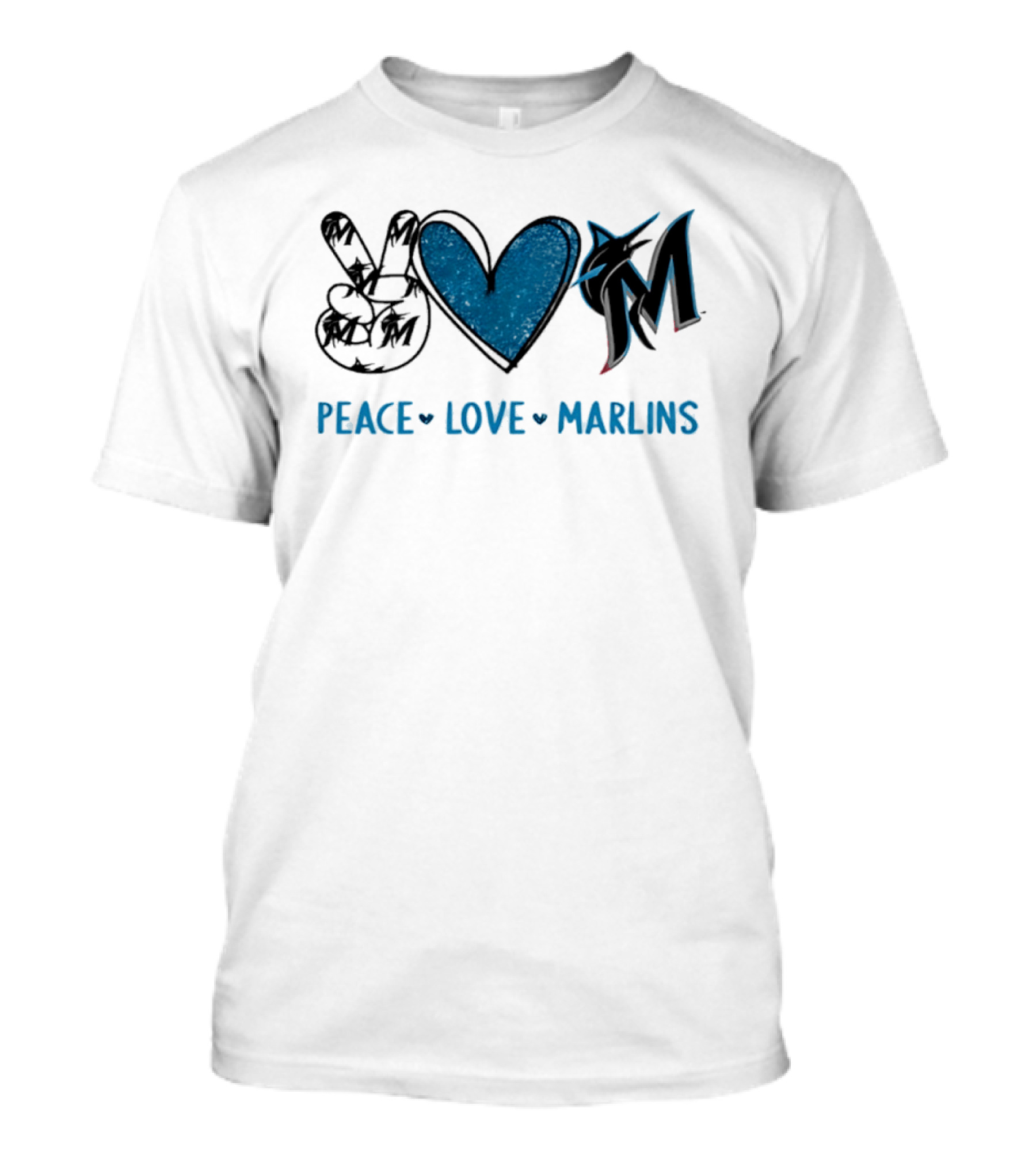Peace Love Miami Marlins Hand Sign Heart Shape T-Shirt