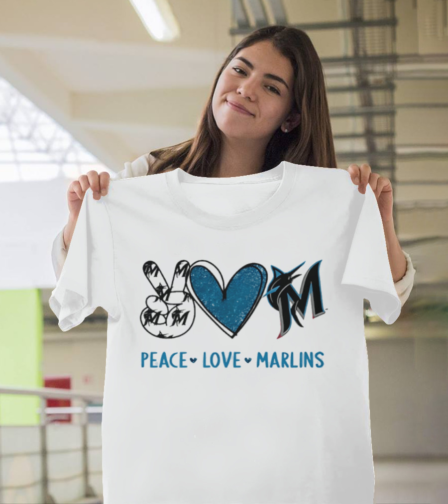 Peace Love Miami Marlins Hand Sign Heart Shape T-Shirt