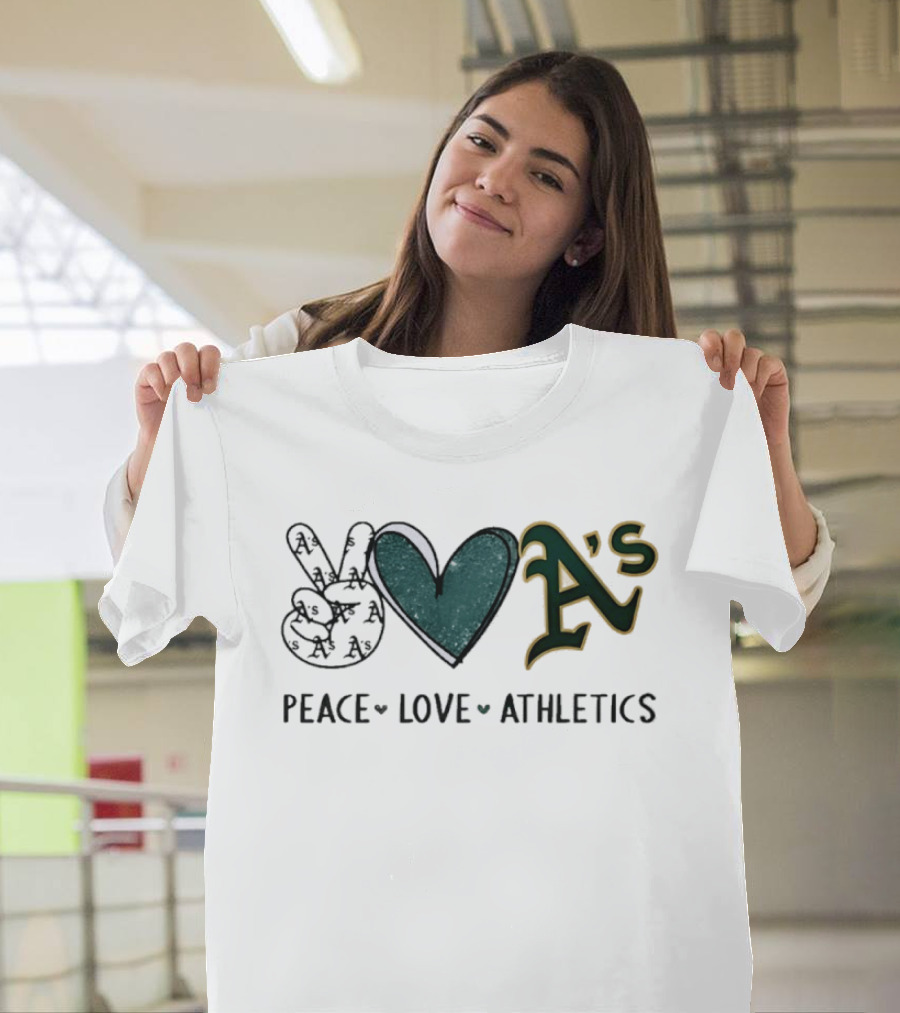 Peace Love Oakland Athletics Hand Sign Heart Shape A's T-Shirt