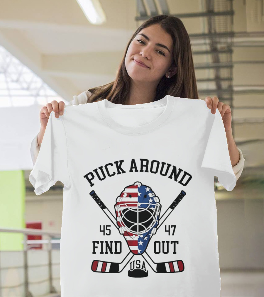 Puck Around Find Out USA Stars Stripes Helmet 45 47 Hockey T-Shirt