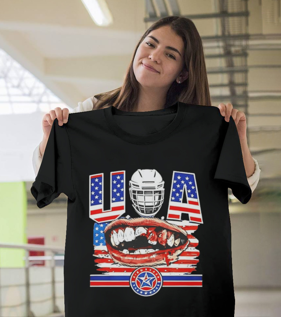 USA Hockey Helmet Bloody Teeth Mouth Stars Stripes Flag T-Shirt