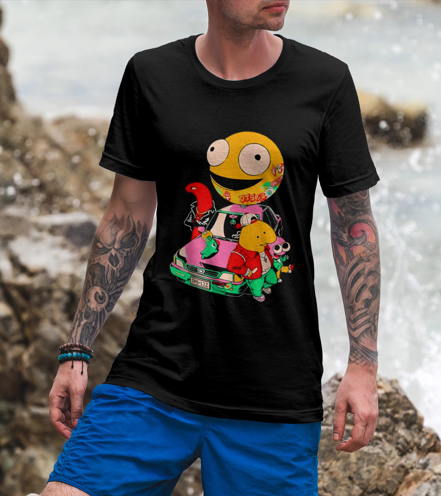 Pac Man Inspired Japanese Characters And Vintage Car Adventure T-Shirt