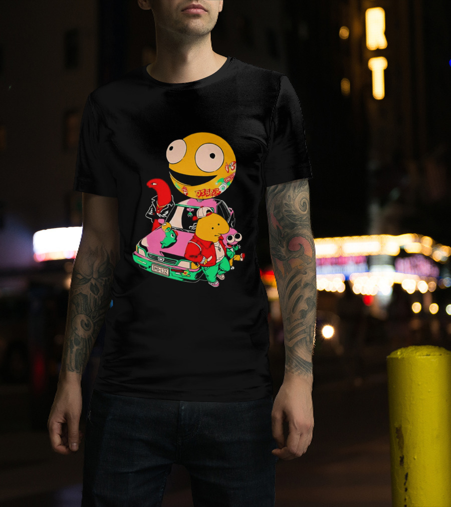 Pac Man Inspired Japanese Characters And Vintage Car Adventure T-Shirt