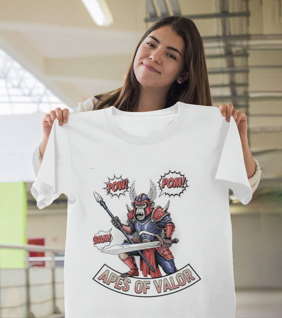 Apes Of Valor Pow Pom Bam Warrior Armor Battle Scene T-Shirt