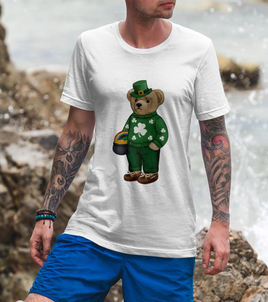 Lucky Teddy Bear Irish St Patricks Day Clover Rainbow Pot Of Gold T-Shirt