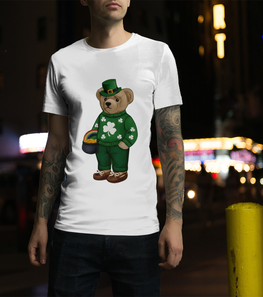 Lucky Teddy Bear Irish St Patricks Day Clover Rainbow Pot Of Gold T-Shirt