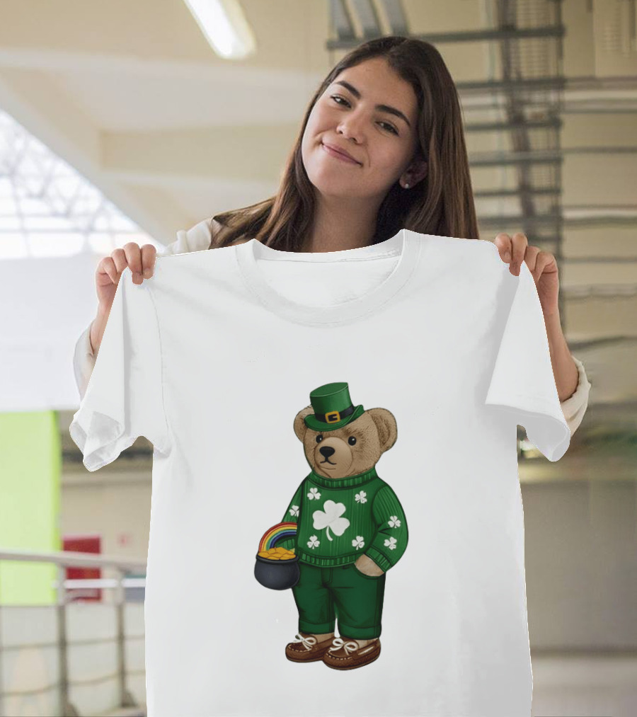 Lucky Teddy Bear Irish St Patricks Day Clover Rainbow Pot Of Gold T-Shirt