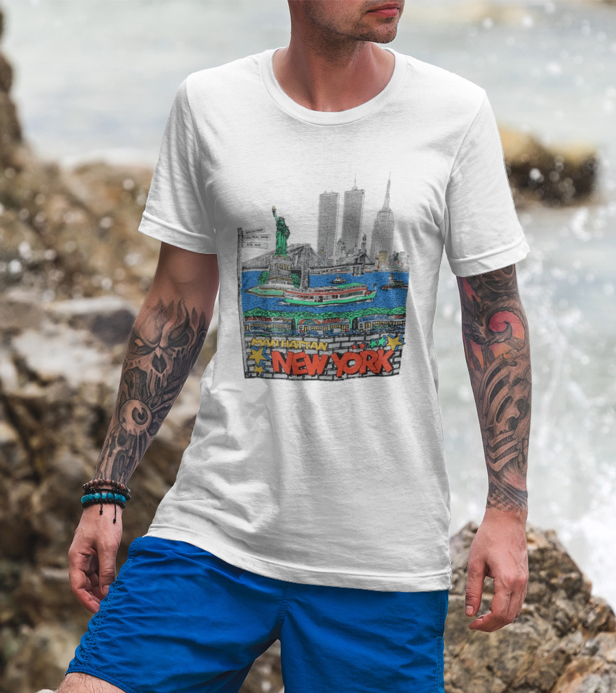 Statue Of Liberty Brooklyn Bridge Broadway Central Park 5th Ave Manhattan New York Skyline T-Shirt