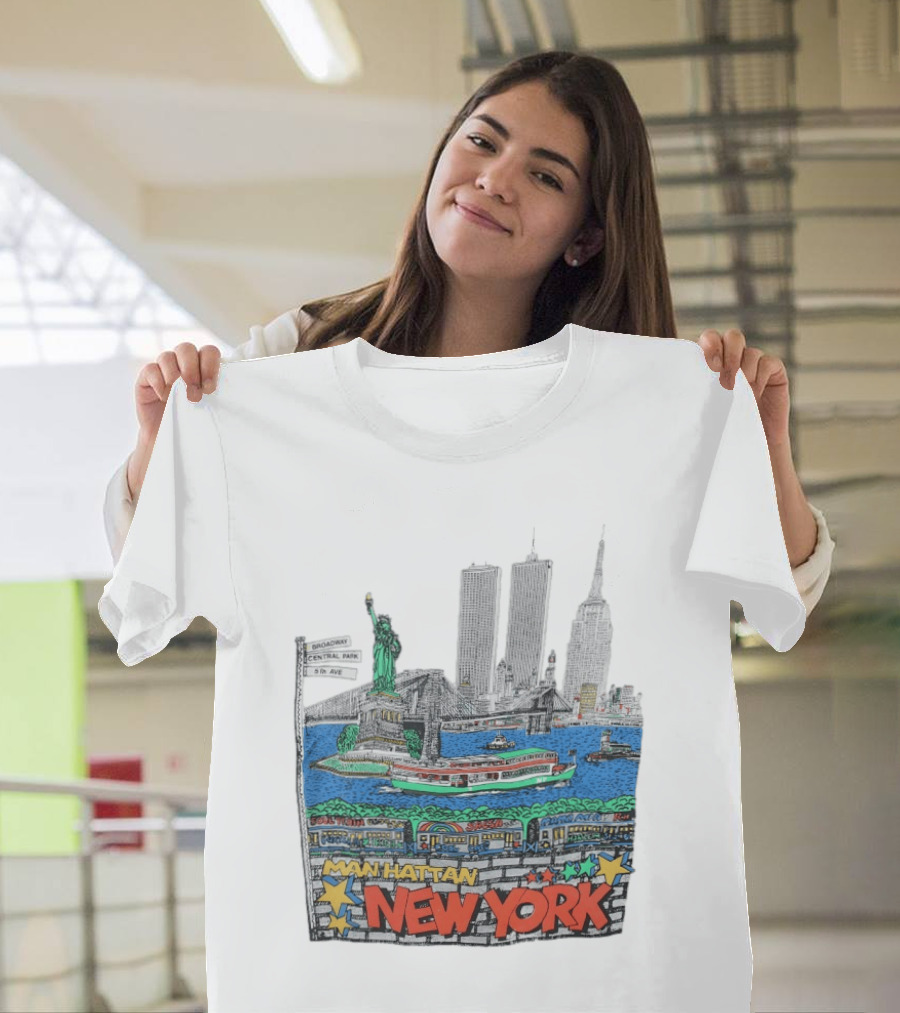 Statue Of Liberty Brooklyn Bridge Broadway Central Park 5th Ave Manhattan New York Skyline T-Shirt