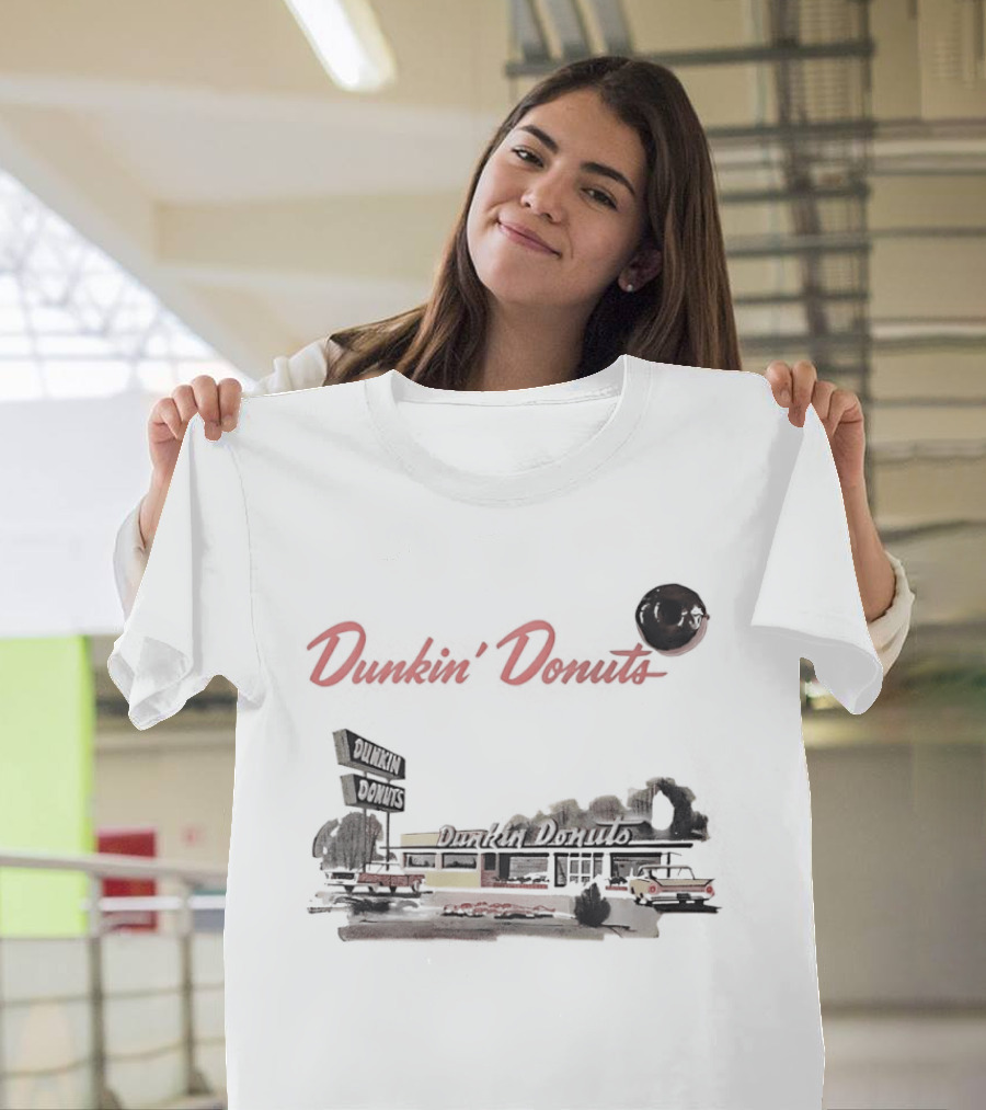 Dunkin Donuts Retro Vintage Coffee Shop Neon Sign And Classic Car Scene T-Shirt