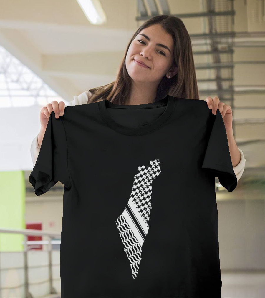 Free Palestine Map With Kufiya And Waves T-Shirt