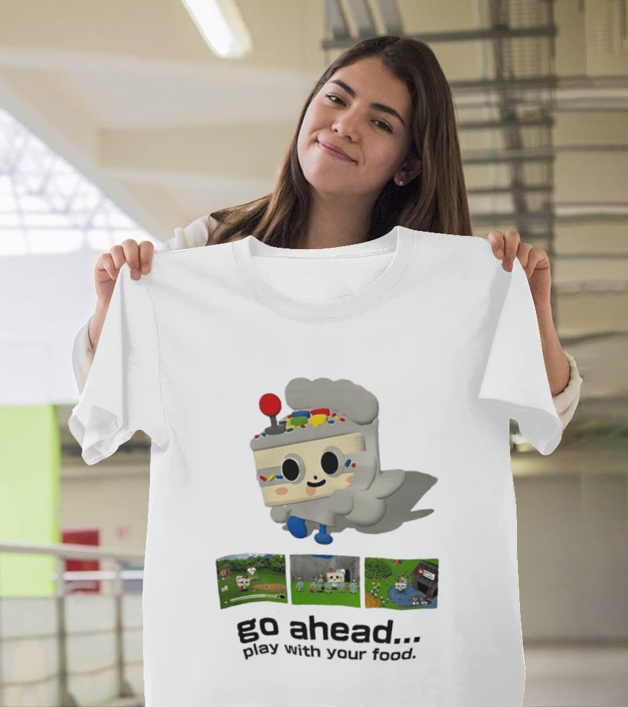 Go Ahead Play With Your Food Fun Cake Character Adventure Scenes T-Shirt