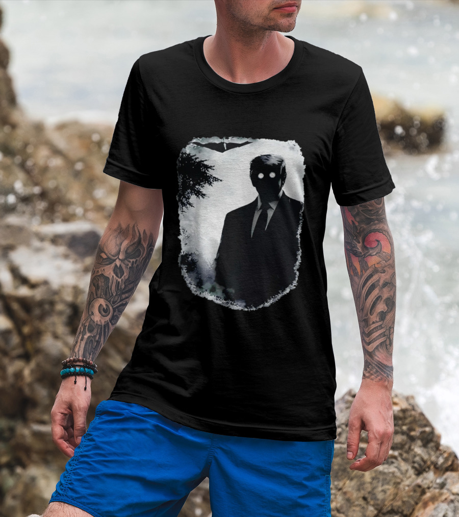 Dark Shadow Figure Mysterious Silhouette Trump Eerie Woods Cloaked Eyes T-Shirt