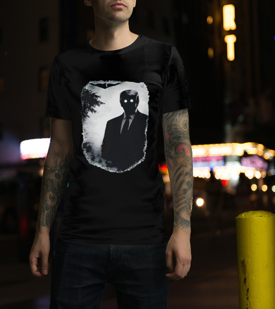 Dark Shadow Figure Mysterious Silhouette Trump Eerie Woods Cloaked Eyes T-Shirt