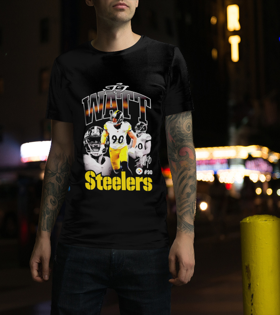 T.J. Watt Steelers #90 Triple Image With Signature T-Shirt