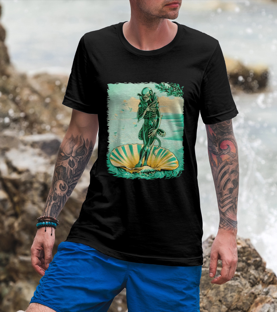 Alien Seated On Seashell The Birth Of Alienus Fusion Renaissance T-Shirt
