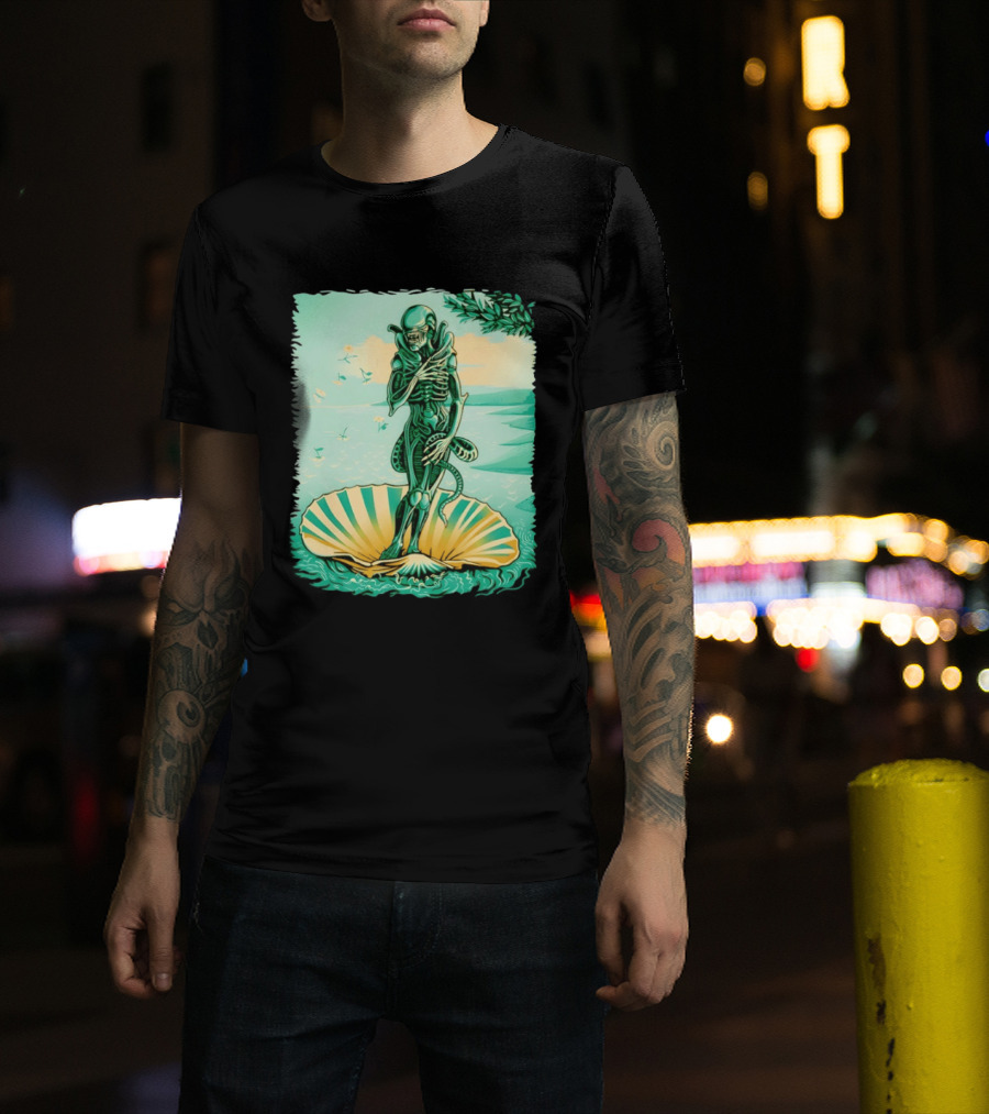 Alien Seated On Seashell The Birth Of Alienus Fusion Renaissance T-Shirt
