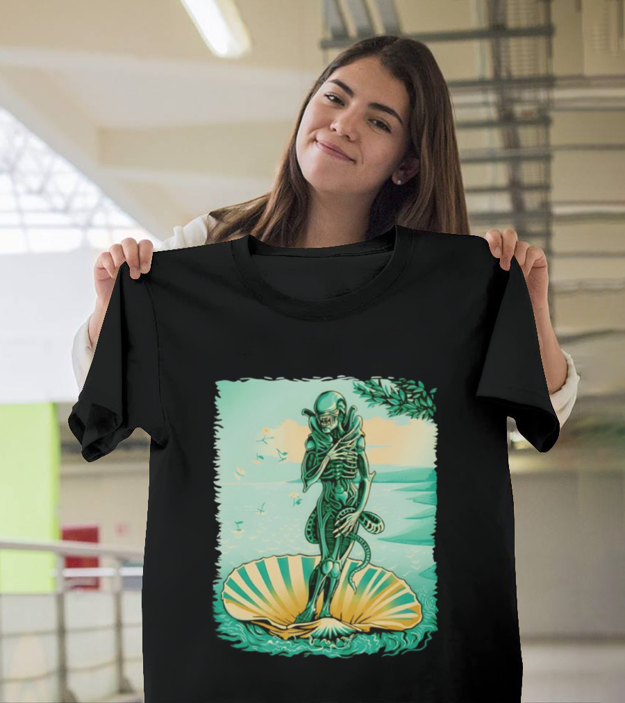 Alien Seated On Seashell The Birth Of Alienus Fusion Renaissance T-Shirt