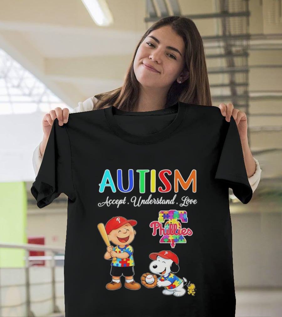 Charlie Brown Snoopy Philadelphia Phillies Autism Awareness Puzzle Piece Accept Understand Love T-Shirt