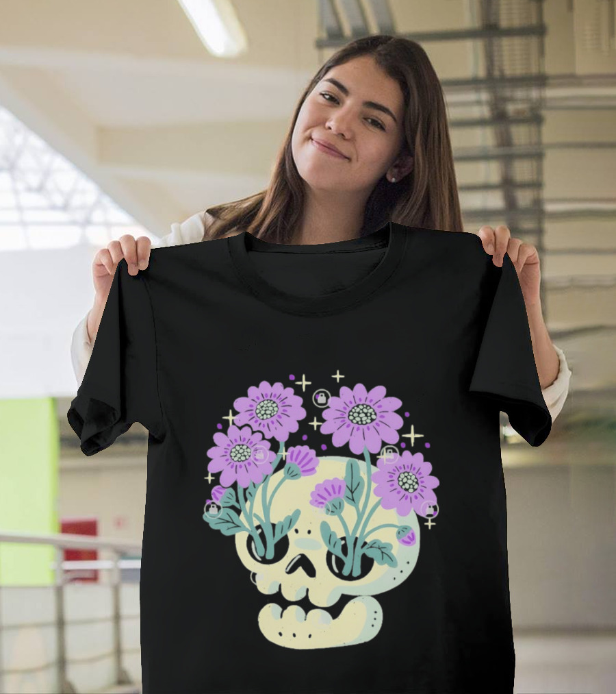 Skull With Purple Flowers And Stars Aesthetic T-Shirt
