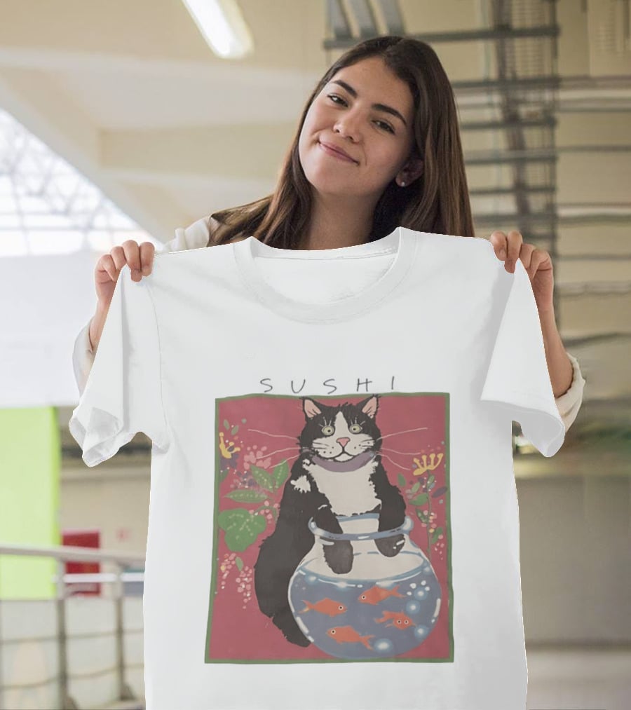 Sushi Cat Holding Fishbowl With Goldfish And Flowers T-Shirt