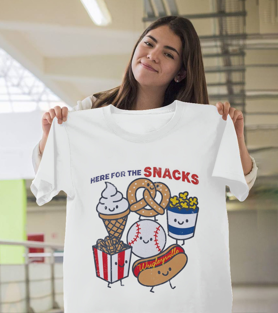 Here For The Snacks Wrigleyville Baseball Ice Cream Popcorn Hotdog Pretzel T-Shirt