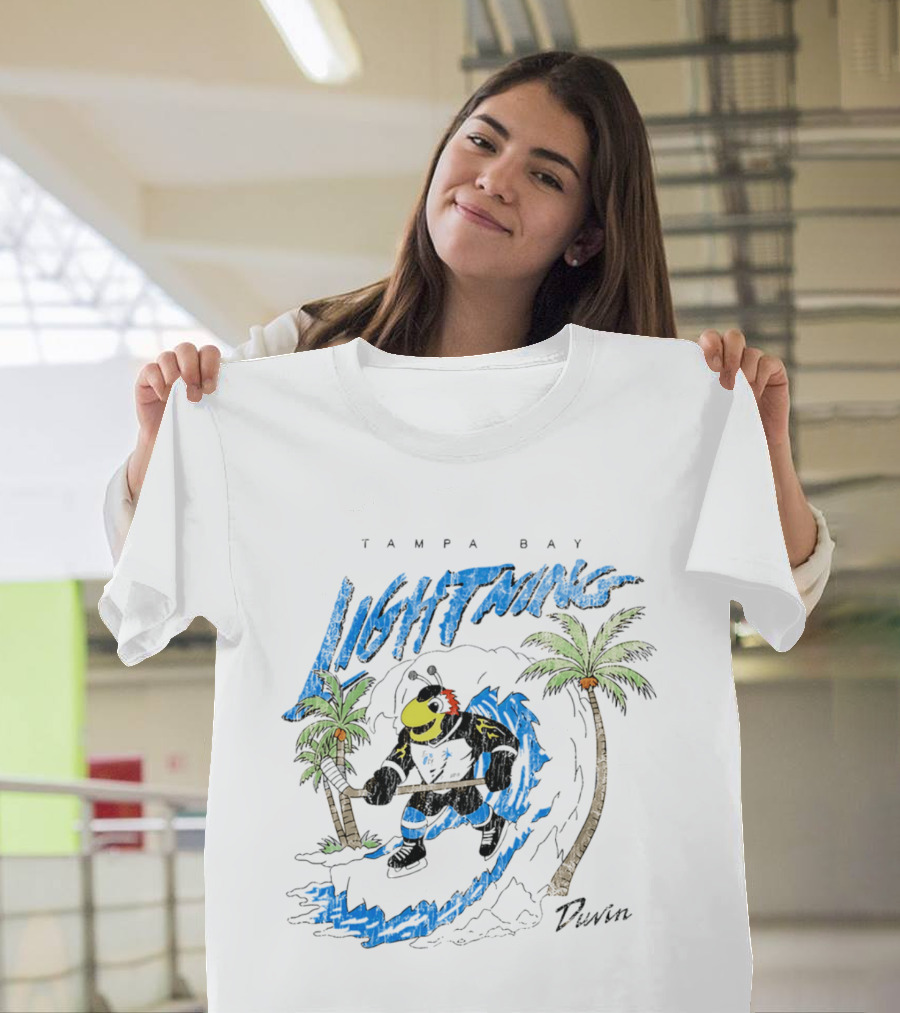 Tampa Bay Lightning Thunderbug Duvin Surfing Hockey Character With Palm Trees T-Shirt