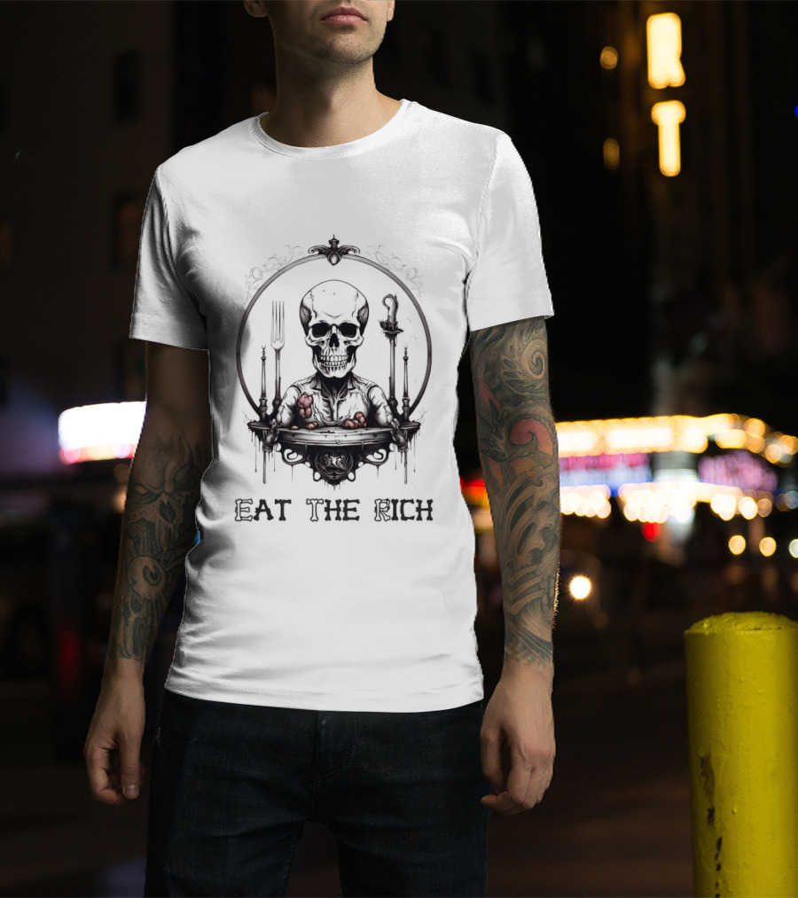 Skeleton Eat The Rich Gothic Skeleton With Cutlery Noir T-Shirt