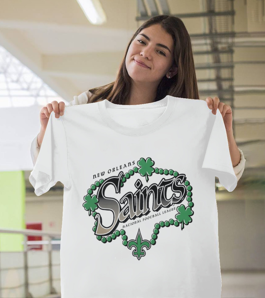 New Orleans Saints St Patrick's Day National Football League Shamrock Beads Fleur De Lis T-Shirt