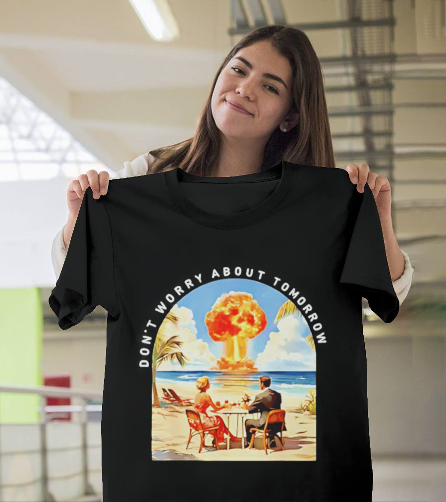 Don't Worry About Tomorrow Matthew 6 34 Atomic Age Retro Beach Explosion T-Shirt